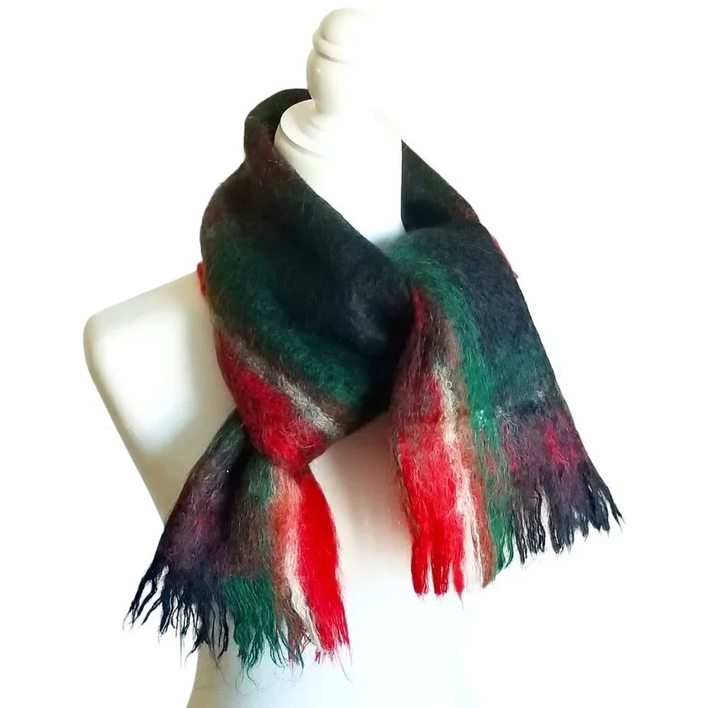 NOS Nahar Vintage Plaid 100% Mohair Wool USSR Soviet Winter Dark Academia Scarf